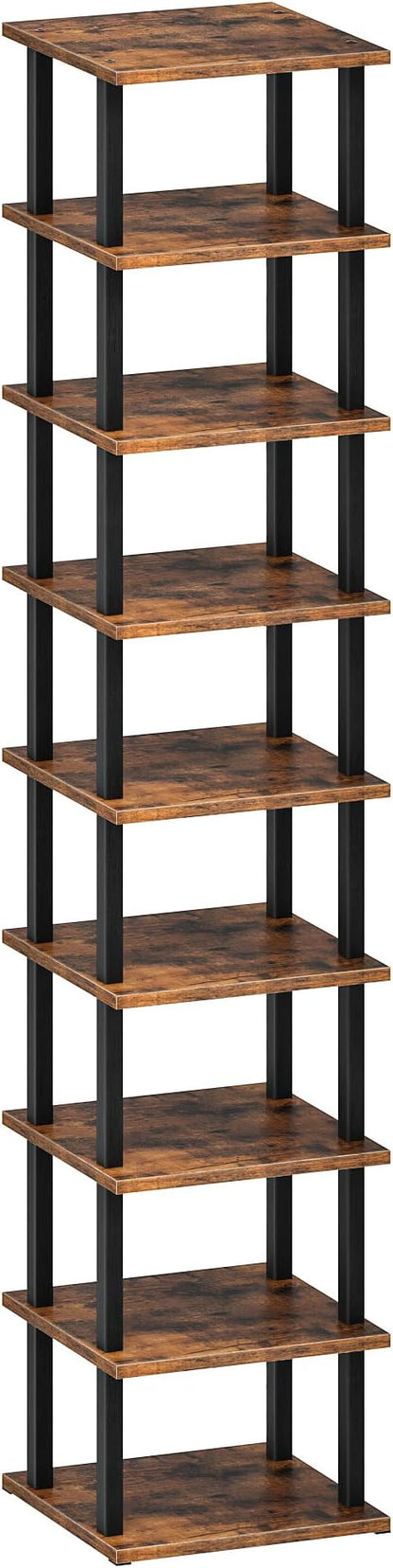 9-Tier Vertical Shoe Rack, DIY Corner Shoe Rack for Entryway, Narrow Shoe Shelf, Tall Storage Organizer, Saving Space, for Small Spaces, Entryway, Hallway, Rustic Brown and Black MXJ01BF