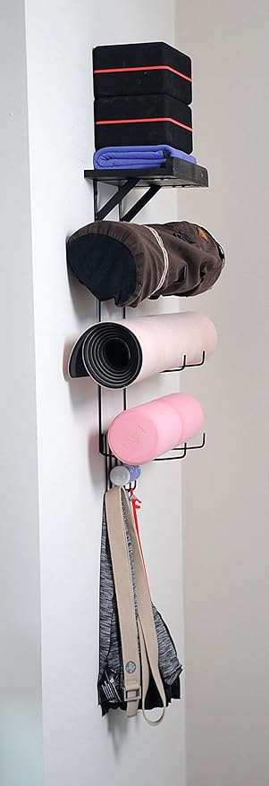 Olivia and Lily Wall-Mounted Yoga Mat Rack with black wood shelf - Organizer for Yoga Mats, Resistance Bands, and Accessories - Home Gym Storage Solution