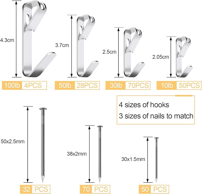 304 Pieces Picture Hanging Kit, 10lb, 30lb, 50lb and 100lb Picture Hangers, Metal Picture Hanging Hooks with Nails, on Drywall, Wooden Wall(Silver)
