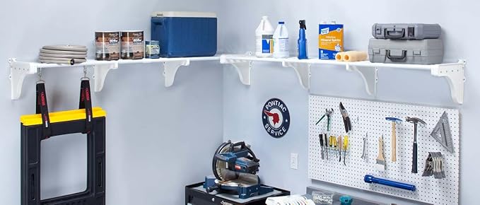 EZ Shelf-Expandable-Garage Shelf- -White- Easy to Install -Strong (up to 250 Lbs)- Wire Shelving Alternative –Wall Mounted Garage Shelf Organizer (White, 40.5"-290")
