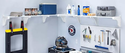 EZ Shelf-Expandable-Garage Shelf- -White- Easy to Install -Strong (up to 250 Lbs)- Wire Shelving Alternative –Wall Mounted Garage Shelf Organizer (White, 40.5"-290")
