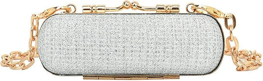 MIAO JIN Mini Crystal Lipstick Case Bling Rhinestone Cosmetic Storage bag with Metal chain Lipstick Storage Holder Makeup jewelry case（Silver）