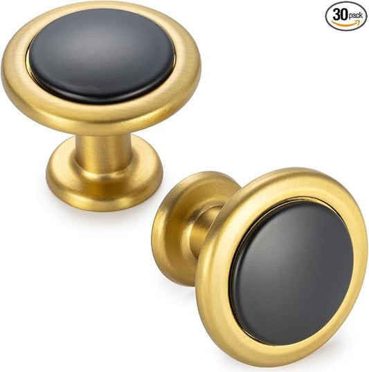 KOOFIZO 30 Pack Black and Gold Kitchen Cabinet Knobs Matte Black and Gold Drawer Knobs 1960 Round Single Hole Cabinet Pulls for Cabinets Drawers Dresser Cupboard Bedroom Bathroom