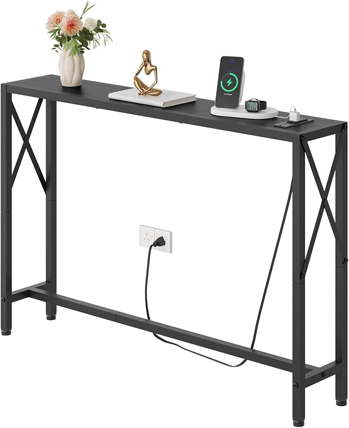 41.7" Console Table with Outlet, Narrow Behind Couch Sofa Table, Industrial Skinny Design for Hallway, Entryway, Living Room, Black
