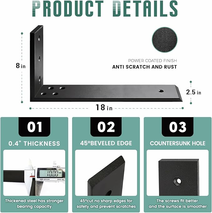 Countertop Support Brackets 4 Pack L Bracket Countertop Brackets 18" x 8" x 2.5" Heavy Duty 3/8" Thick Shelf Brackets Metal Corbels L Shape Bracket for Wood Shelf/Quartz/Granite/Concret Countertops