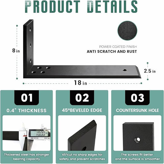 Countertop Support Brackets 4 Pack L Bracket Countertop Brackets 18" x 8" x 2.5" Heavy Duty 3/8" Thick Shelf Brackets Metal Corbels L Shape Bracket for Wood Shelf/Quartz/Granite/Concret Countertops