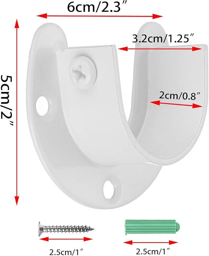 OwnMy 6 Packs Closet Rod End Supports Brackets 1-1/4" Curtain Flange Rod Holder, U Shaped Stainless Steel Closet Pole Sockets Opening Flange Rod Bracket for Closet Shelf Wardrobe Shower Curtain, White