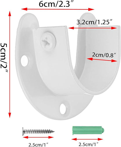OwnMy 6 Packs Closet Rod End Supports Brackets 1-1/4" Curtain Flange Rod Holder, U Shaped Stainless Steel Closet Pole Sockets Opening Flange Rod Bracket for Closet Shelf Wardrobe Shower Curtain, White