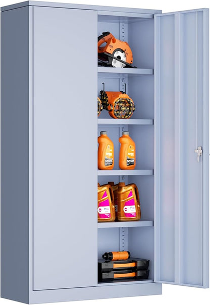 Bonusall Mental Garage Cabinets with 2 Doors and 4 Shelves, Locking Cabinet with for Tool，Steel Garage Storage Cabinets for Home Office, Warehouse，School(Cement Grey)