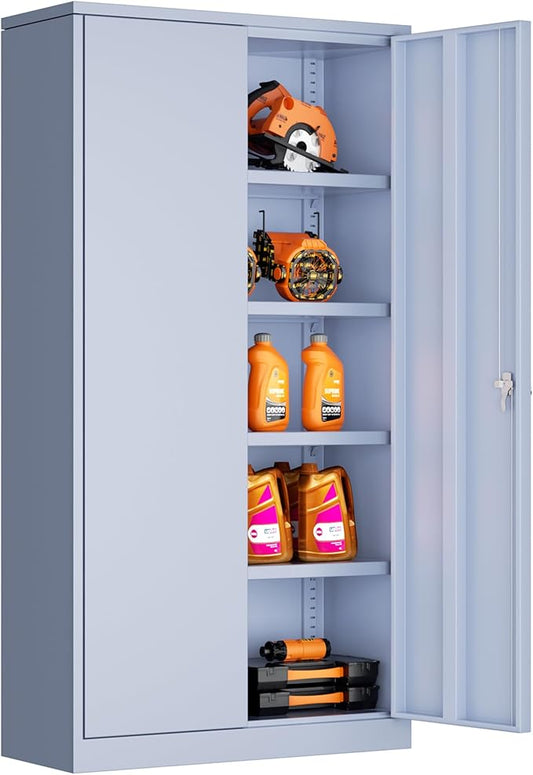Bonusall Mental Garage Cabinets with 2 Doors and 4 Shelves, Locking Cabinet with for Tool，Steel Garage Storage Cabinets for Home Office, Warehouse，School(Cement Grey)