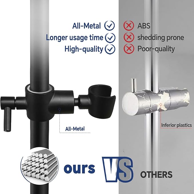 Shower Slide Bar Adjustable Handheld Shower Head Holder Wall Mount - 15inch All-Metal Shower Head Slide Bar Compatible with Bathroom Drill Free Glue Installation - Black