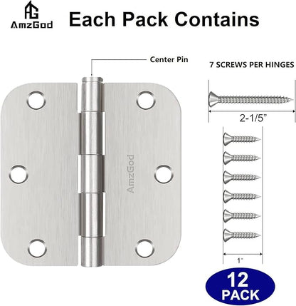 Door Hinges Brushed Nickel - 12 Pack Nickel Door Hinges 3.5 Inch Rounded Interior Satin Nickel Door Hinge with 5/8" Radius - Flat Iron Residential Standard 3 1/2 Inches Silver Door Hardware
