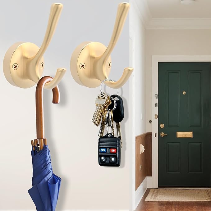 Gold Wall Hooks, 5 Pack Coat Robe Hook Heavy Duty Metal Double Bath Hook Wall Mounted, Hand Towel Hooks for Cubicle Bathroom Kitchen Closet Garage