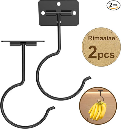 2 Packs Under Cabinet Banana Hooks, Foldable Magnetic Banana Holder with Strong Self-Adhesive & Screws for Extra Stability, Metal Banana Stand for Kitchen Counter – Black