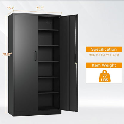 STANI Metal Garage Storage Cabinet with Lock, 71" Steel Lockable File Cabinet, Locking Steel Storage Cabinet with 5 Adjustable Shelves for Home, Office, Warehouse, Garage, School (Black)