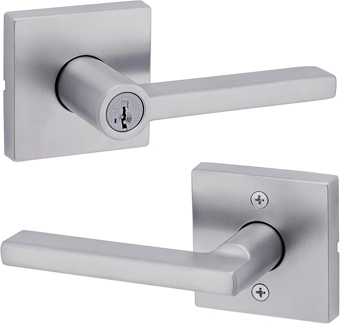 Kwikset Halifax Keyed Storeroom Entry Door Handle with Lock and Key, Secure Keyed Reversible Lever Exterior, for Front Entrance and Bedrooms, Satin Chrome, Pick Resistant Smartkey Rekey Security