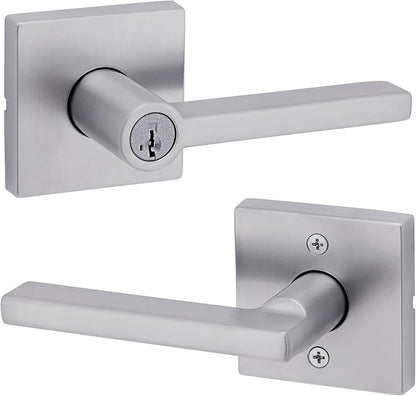 Kwikset Halifax Keyed Storeroom Entry Door Handle with Lock and Key, Secure Keyed Reversible Lever Exterior, for Front Entrance and Bedrooms, Satin Chrome, Pick Resistant Smartkey Rekey Security