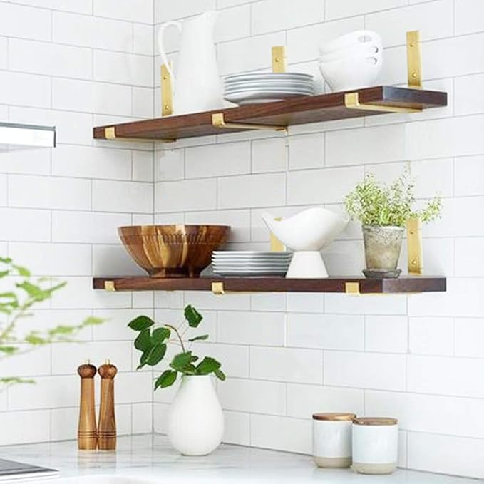 Shelf Brackets 12 Inch 4PCS Heavy Duty Gold Wall Bracket with Lip for Floating Shelves Rustic Iron Metal Shelf Bracket for DIY Open Shelving Hardware Included