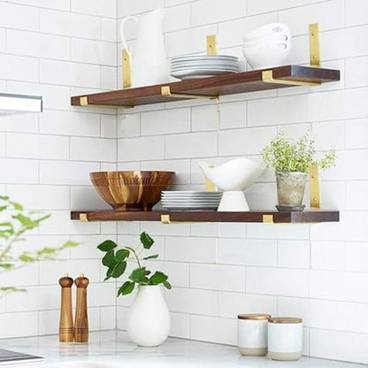 Shelf Brackets 12 Inch 4PCS Heavy Duty Gold Wall Bracket with Lip for Floating Shelves Rustic Iron Metal Shelf Bracket for DIY Open Shelving Hardware Included