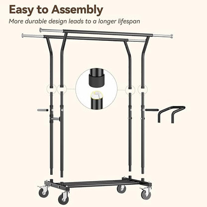 800LBS Heavy Duty Clothes Rack: Rolling Clothing Rack for Hanging Coat Double Rods Portable Wardrobe Garment Racks with Wheels Shelf Sturdy Metal Adjustable Bedroom Laundry Living Room