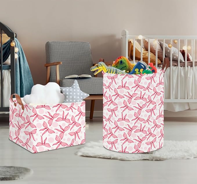 Laundry Hamper,Laundry Basket,Baby Nursery Hamper,Waterproof Storage Bin,Clothes Organizer Basket,Room Decor(Pink Bowknot)
