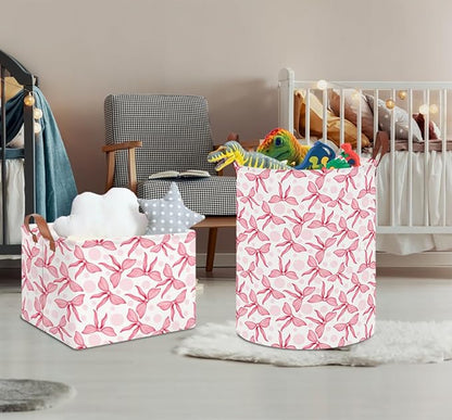 Laundry Hamper,Laundry Basket,Baby Nursery Hamper,Waterproof Storage Bin,Clothes Organizer Basket,Room Decor(Pink Bowknot)