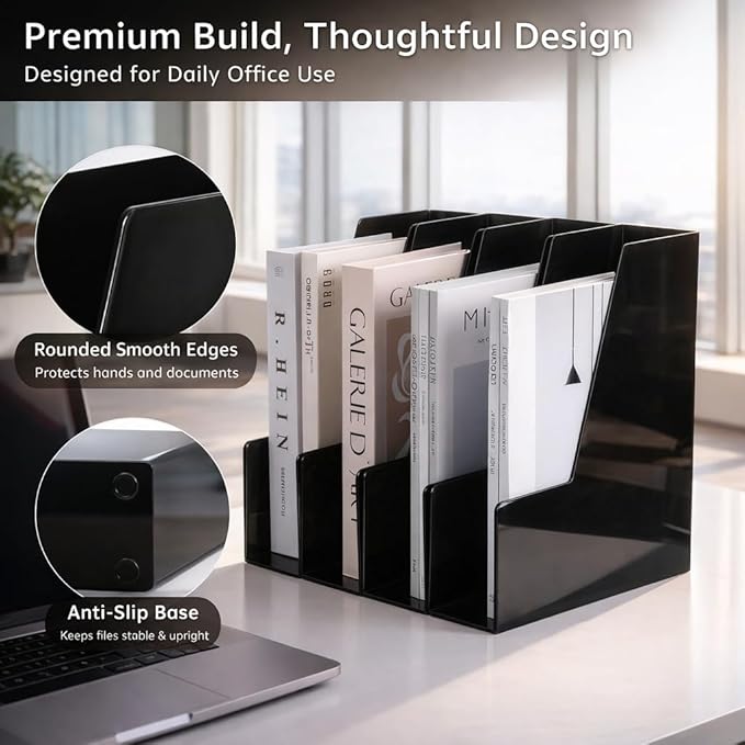 Vertical Magazine File Holder, Desk Organizer and Storage for Magazines, Binders, Notebooks, Envelopes, Multi-Purpose Desktop File Organizer for Home, Office & Classroom, 4 Pack, Black
