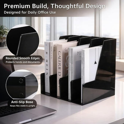 Vertical Magazine File Holder, Desk Organizer and Storage for Magazines, Binders, Notebooks, Envelopes, Multi-Purpose Desktop File Organizer for Home, Office & Classroom, 4 Pack, Black
