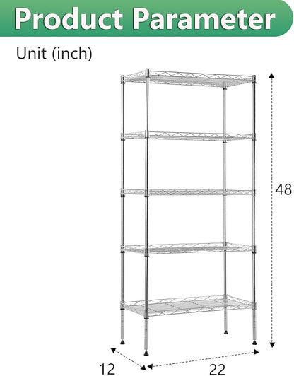BestOffice | 5-Tier Wire Storage Shelves | 22x12x48 | Chrome | with Adjustable Racks | Heavy-Duty Metal Shelf, Holds Upto 750 lbs | No-Tool Assembly | Ideal for Home & Garage Shelving