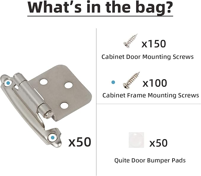 DecoBasics Cabinet Hinges Brushed Nickel for Kitchen Cabinets Doors (25 Pair -50 Pcs) -1/2" Overlay (Variable) -Self Closing Kitchen Cabinet Hinges Flush Mount w/Silicon Bumpers & Hardware Screws