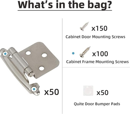 DecoBasics Cabinet Hinges Brushed Nickel for Kitchen Cabinets Doors (25 Pair -50 Pcs) -1/2" Overlay (Variable) -Self Closing Kitchen Cabinet Hinges Flush Mount w/Silicon Bumpers & Hardware Screws