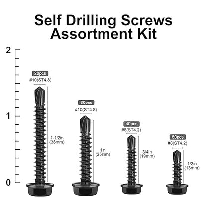 150Pcs Self Drilling Screws Assortment Kit, 410 Stainless Steel Self Tapping Sheet Metal Screws, Black Zinc Plated, #8 1/2" 3/4" #10 1" 1-1/2", Hex Washer Head