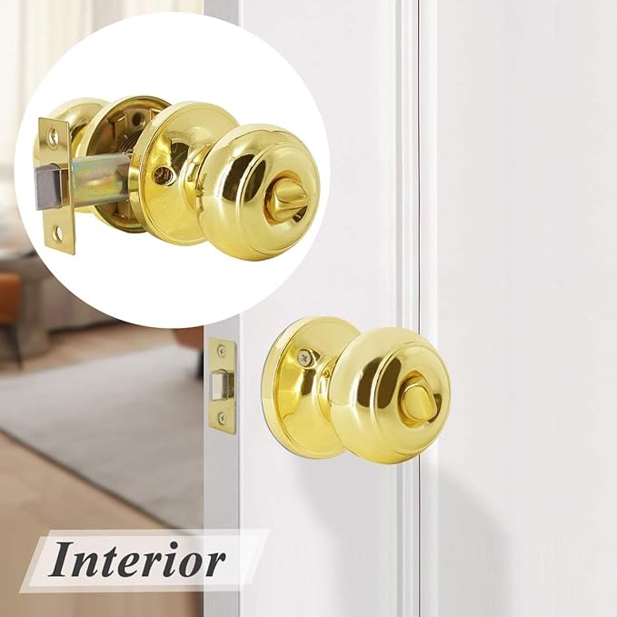 Probrico Polished Brass Privacy Door Knobs,Interior Door Knob for Bedroom and Bathroom Keyless Door Locksets, 3 Pack