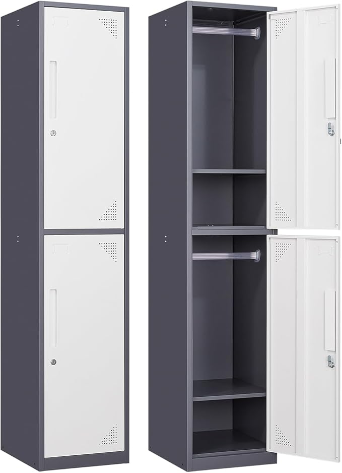 Metal Locker for Home, Dressing Room, 71" Steel Storage Lockers for Employees, Lockable Locker Cabinet with 2 Doors (Grey White)