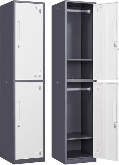 Metal Locker for Home, Dressing Room, 71" Steel Storage Lockers for Employees, Lockable Locker Cabinet with 2 Doors (Grey White)