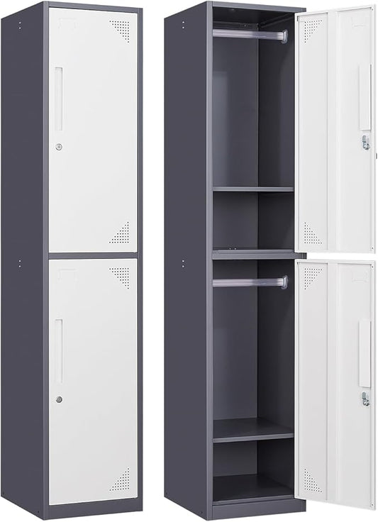Metal Locker for Home, Dressing Room, 71" Steel Storage Lockers for Employees, Lockable Locker Cabinet with 2 Doors (Grey White)