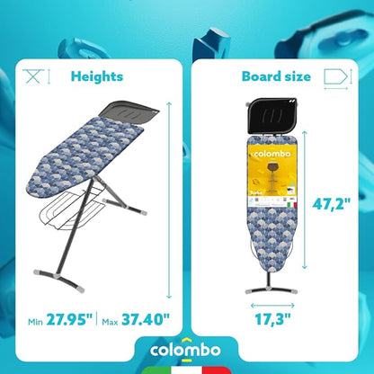 Colombo Turbo Ironing Board with Steam Generator Holder – Extra Large 47.2 x 17.3 in, Heavy-Duty Stable Frame, Height Adjustable up to 37.4 in, Foldable Ironing Table, Laundry Rack, Made in Europe