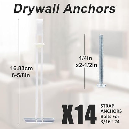 Drywall Anchor with Included Bolts for 3/16”-24, Heavy Duty Hollow Drywall Anchors for TV Mounting Kit, Stainless Steel Hollow Wall Anchors Holds up to 240 lbs Each in 1/2-in Drywall-14 Pack