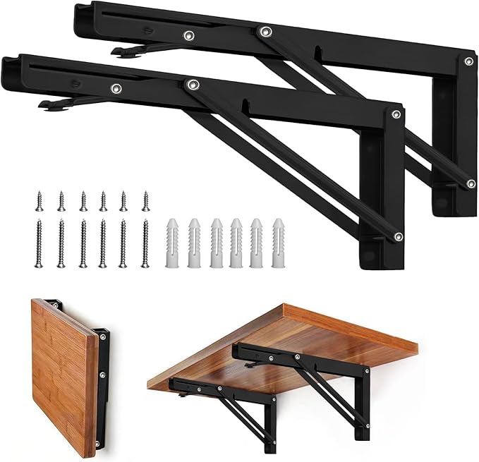 Storystore Folding Shelf Brackets - 14 Inch Heavy Duty Metal Collapsible Shelf Bracket for Bench Table, Shelf Hinge Wall Mounted Space Saving DIY Bracket, Max Load: 150 lb 2 PCS (Black)