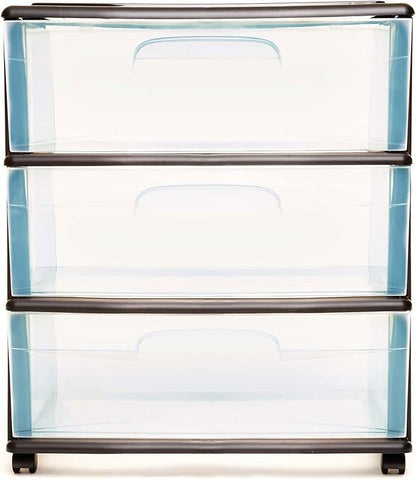 HOMZ Drawer Tower, 3-Tier Wide Clear Plastic Storage Organizer Cart, Black Frame - Organizing Containers with Wheels for Home, Bathroom, Bedroom, Office, and Classroom