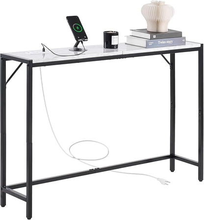 VEVOR Marble Console Table, Modern Narrow Long Console Table with Power Outlet, Thin Sofa Side Table with Iron Tubes, Anti-Tip Device and Triangular Support for Living Room, Hallway, Entryway, Foyer