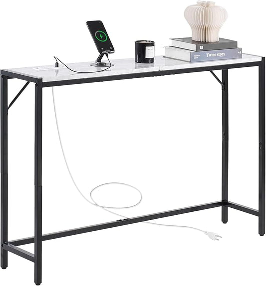 VEVOR Marble Console Table, Modern Narrow Long Console Table with Power Outlet, Thin Sofa Side Table with Iron Tubes, Anti-Tip Device and Triangular Support for Living Room, Hallway, Entryway, Foyer