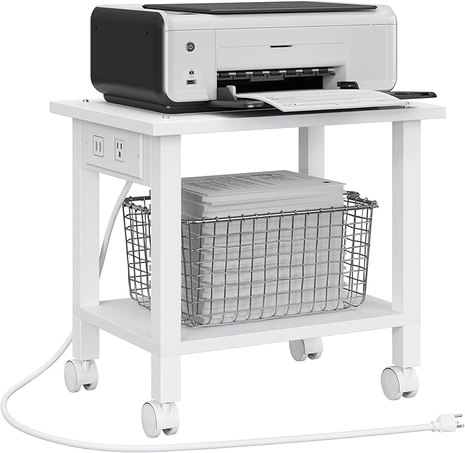 TUTOTAK 2 Tier Printer Stand, Rolling Printer Cart with Power Outlets and USB Ports, Mobile Printer Table with Wheels, for Under Desk, Office, Home, White PS01BW001
