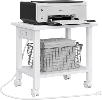 TUTOTAK 2 Tier Printer Stand, Rolling Printer Cart with Power Outlets and USB Ports, Mobile Printer Table with Wheels, for Under Desk, Office, Home, White PS01BW001
