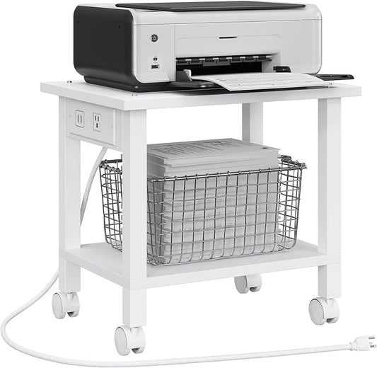 TUTOTAK 2 Tier Printer Stand, Rolling Printer Cart with Power Outlets and USB Ports, Mobile Printer Table with Wheels, for Under Desk, Office, Home, White PS01BW001