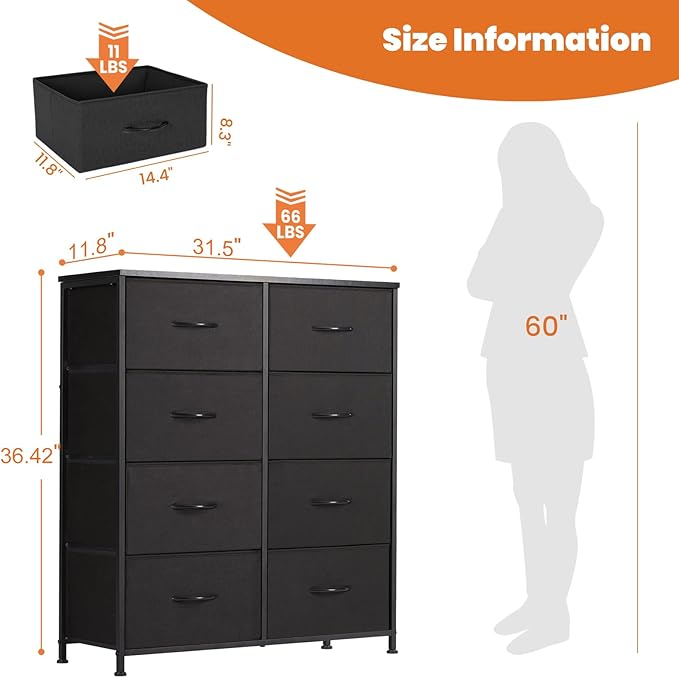Sweetcrispy Dresser, Dresser for Bedroom Drawer Organizer Storage Drawers, Fabric Storage Tower with 8 Drawers, Chest of Drawers with Steel Frame, Wood Top for Living Room, Closet,Black