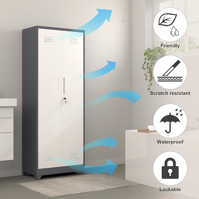 GREATMEET 65" H Broom Closet, Broom Closet Cabinet with Pegboard and Hanging Rod, Cleaning Tool Storage Cabinet, Tall Metal Utility Closets with Locking Doors for Bathroom, Garage