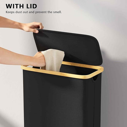 SpaceAid Slim Laundry Hamper with Lid, 65L Narrow Clothes Basket Bin with Bamboo Handles, Skinny Tall Collapsible Hamper for Bedroom, Bathroom, Dorm, Laundry Room - Black