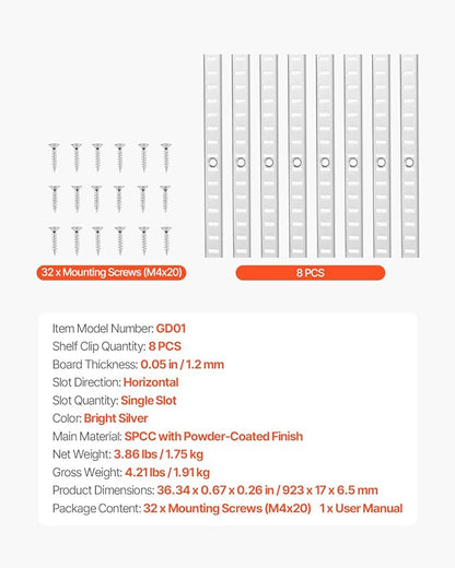 VEVOR Shelf Pilaster, 36.3-inch 8 Pack, Adjustable Shelf Brackets Steel Mortise Mount Pilaster Strip Standards with 32 Screws, Suitable for Wall Shelving System Cabinet Closet Organization
