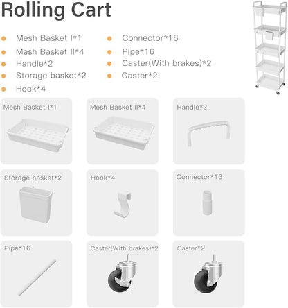 5 Tier Rolling Utility Cart with Handle,REBECAT Utility Cart Made of Multifunctional Storage Organizer Tool for Kitchen,Bathroom,Living Room,Office(White)